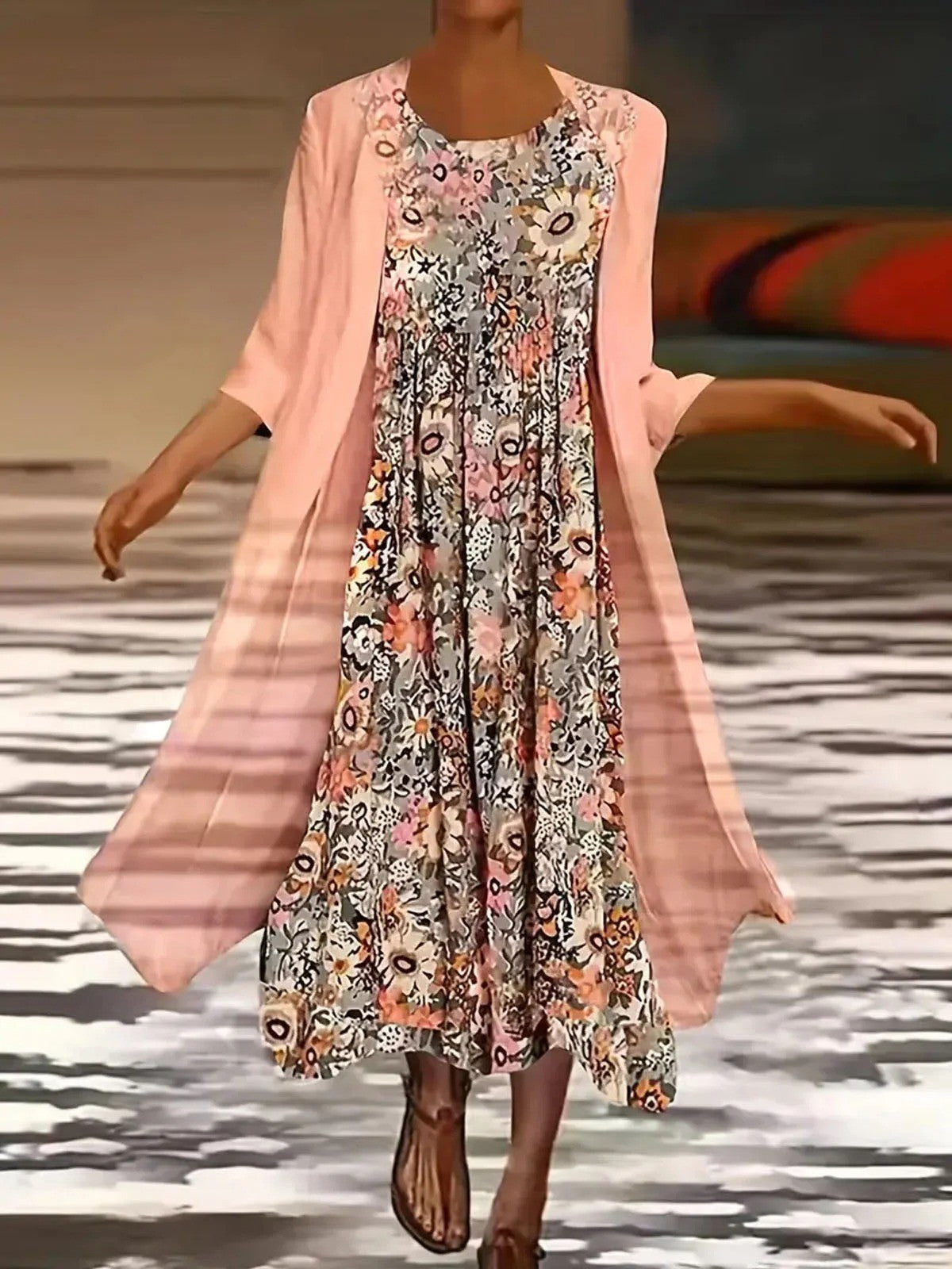 Women’s Two-Piece Maxi Dress – Floral Print – Loose Fit – Cotton – Lightweight Layers