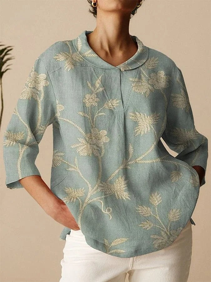 Women’s Shirt – Loose Fit – Cotton Blend – Embroidered – Notched Collar – 3/4 Sleeve