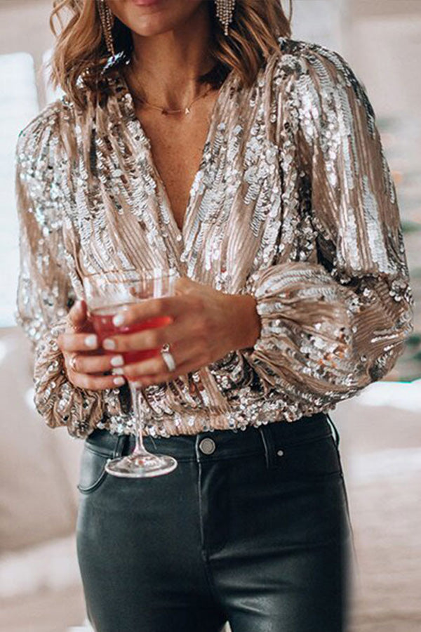 Women’s Blouse – Sequin Embellished – V-Neck – Balloon Sleeves – Draped Fit