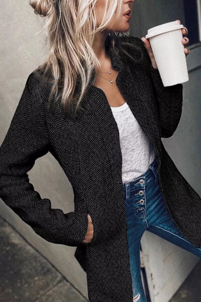 Women’s Tweed Jacket – Tailored Fit – Classic Lapel – Hip Length Open Front