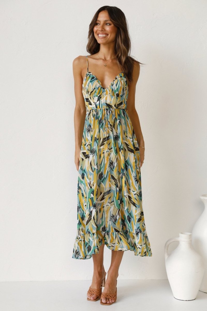Women’s Midi Dress – Lightweight Chiffon – Relaxed Fit – V-Neck – Ruffled Hem