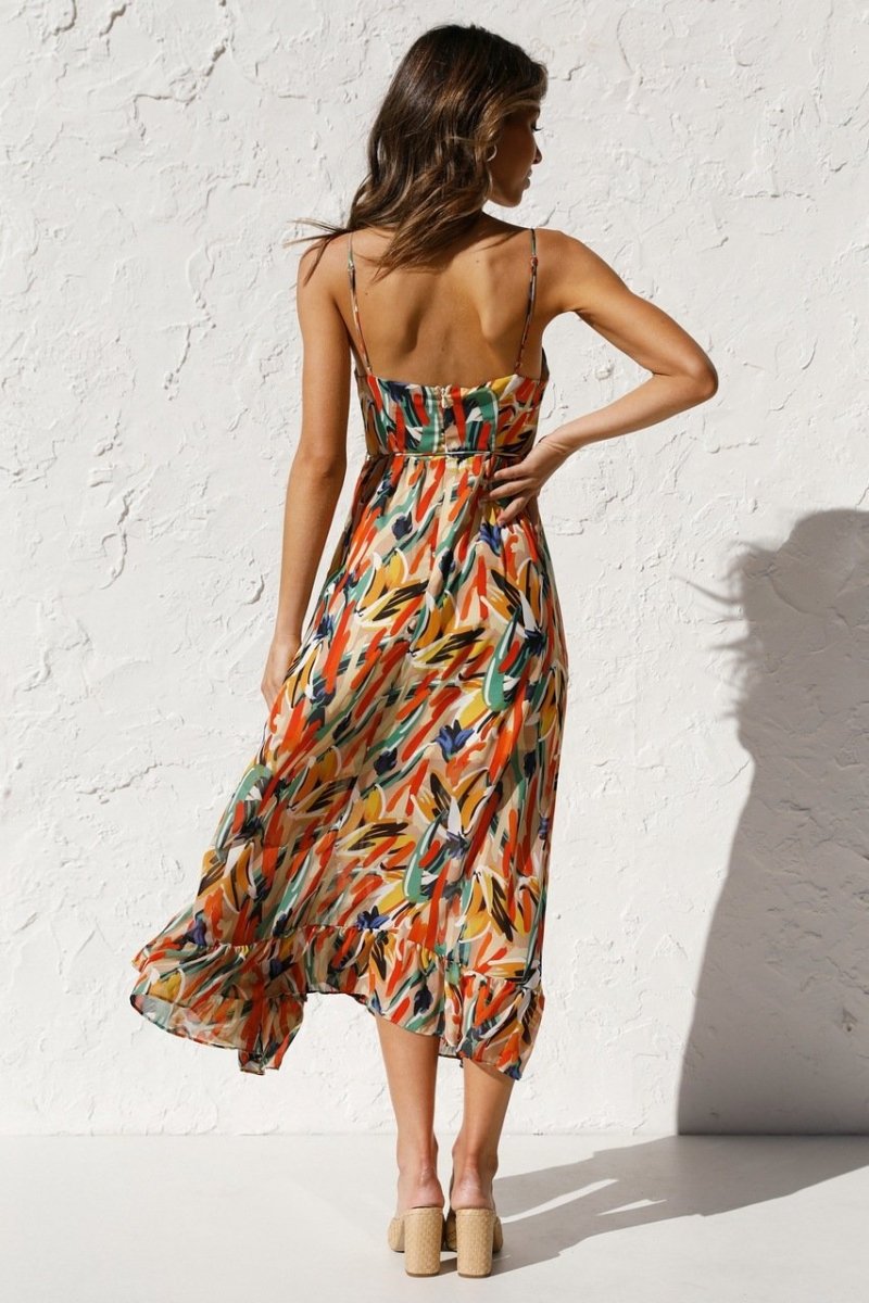 Women’s Midi Dress – Lightweight Chiffon – Relaxed Fit – V-Neck – Ruffled Hem