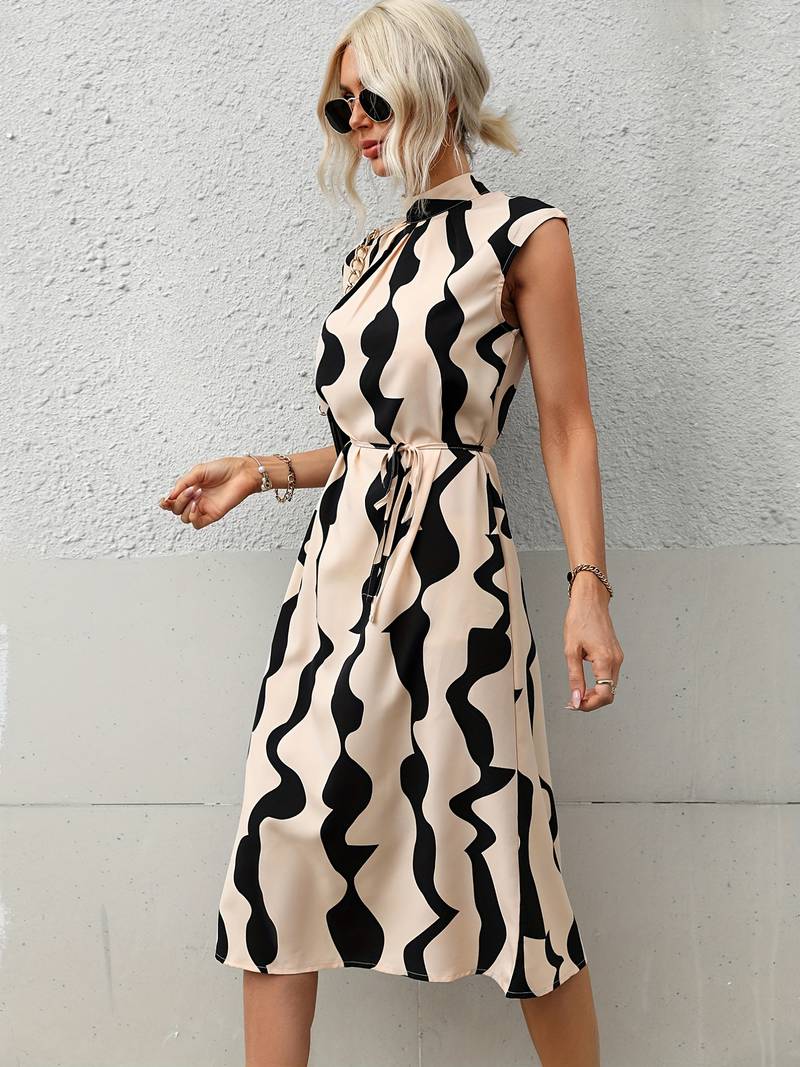 Women's Midi Dress - Sleeveless High Neck - Fitted Waist - Flowy Elegant Design