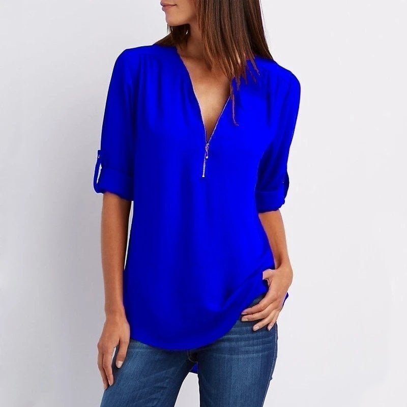 Women’s Blouse – Relaxed Fit – Cotton Blend – Half Zip – 3/4 Roll-Up Sleeves
