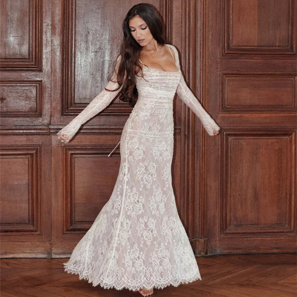 Women's Evening Gown - Lace Overlay - Long Sleeve - Sweetheart Neckline - Formal Wear