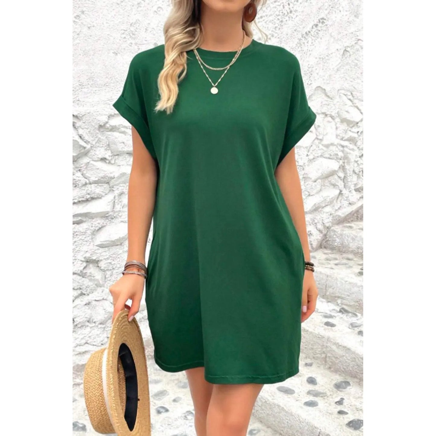 Women’s Short Dress - Belted Waist - Round Neck - Dolman Sleeves - Relaxed Fit