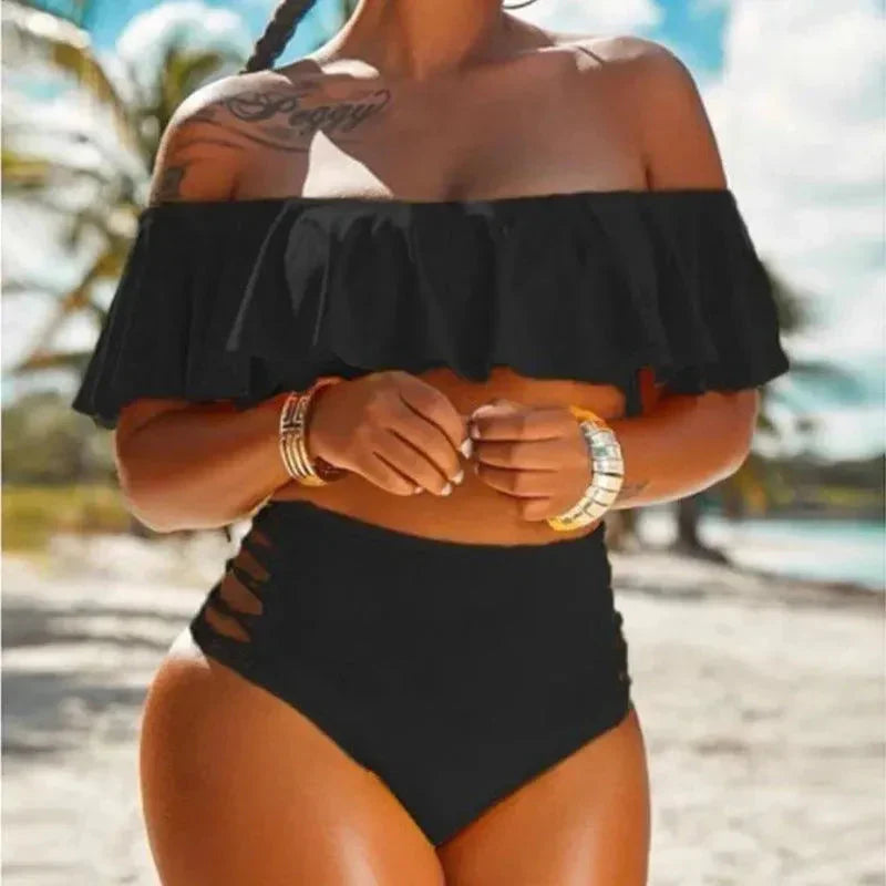 Women’s Bikini Set – High Waist Fit – Off-Shoulder Ruffle Top – Side Cut-Out Bottoms