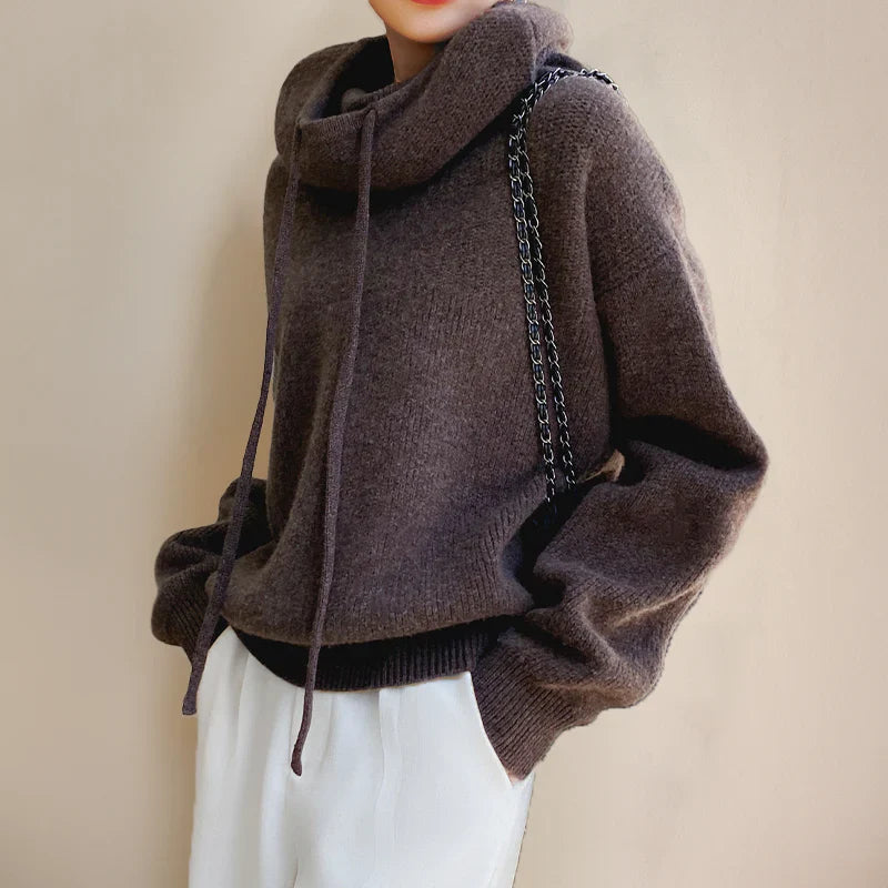 Women’s Turtleneck Sweater – Wool Knit – Oversized Fit – Drawstring Neck – Ribbed Hem