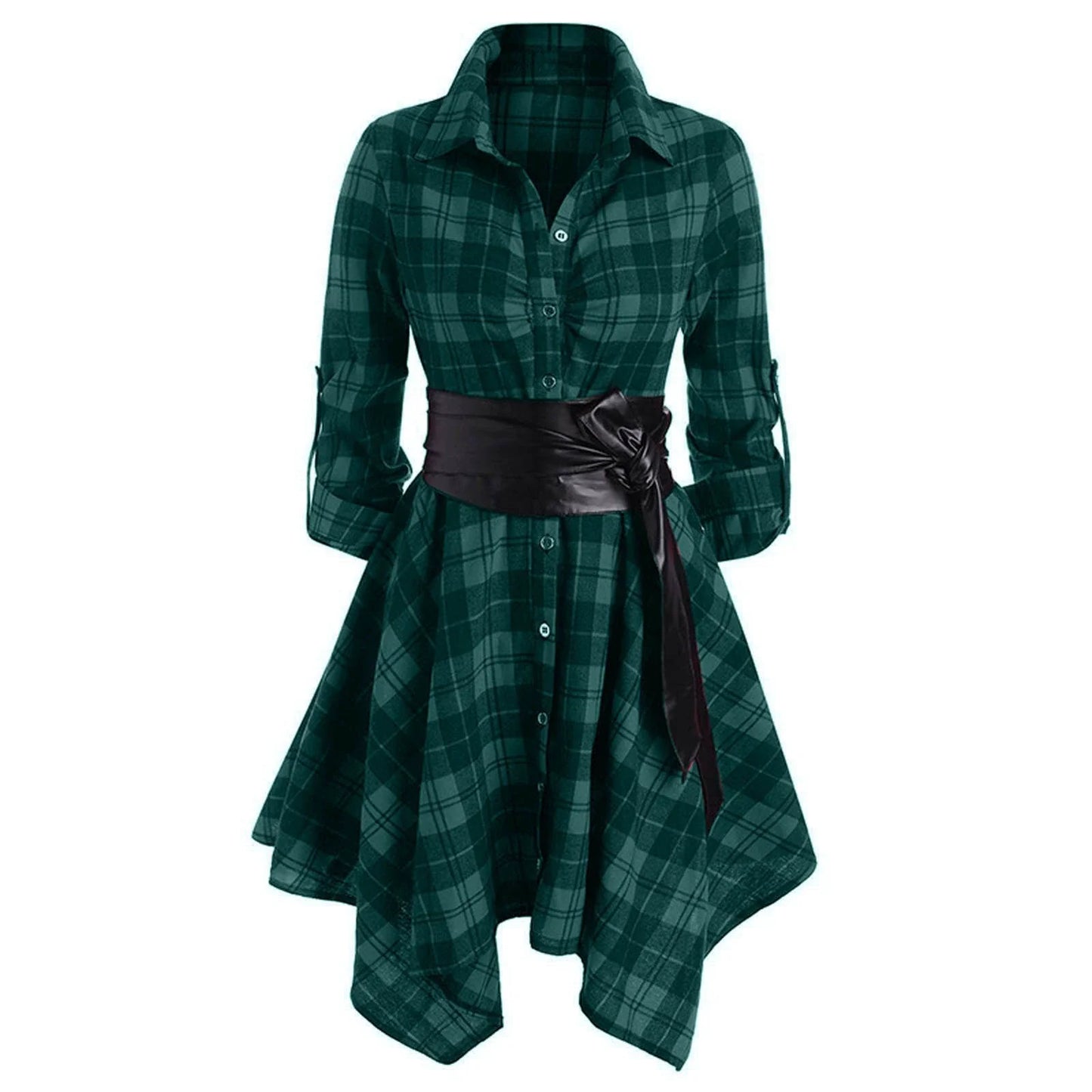Women's Plaid Shirt Dress - Button Down - 3/4 Sleeve - Belted Waist - Asymmetrical Hem