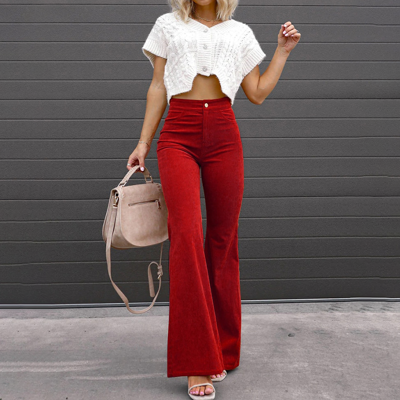 Women’s Bellbottom Pants – High Waist – Curve Fit – Structured Denim – Full Length