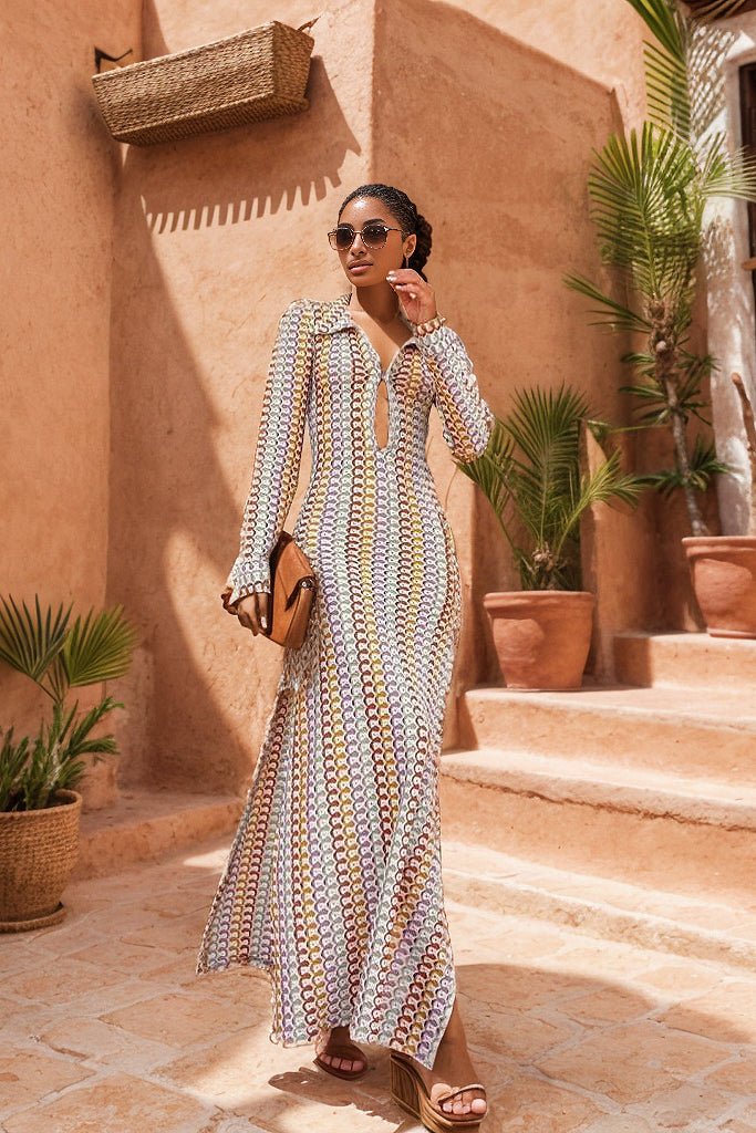 Women’s Maxi Dress – Slim Fit – Long Sleeve – Keyhole Neckline – Breathable Fabric