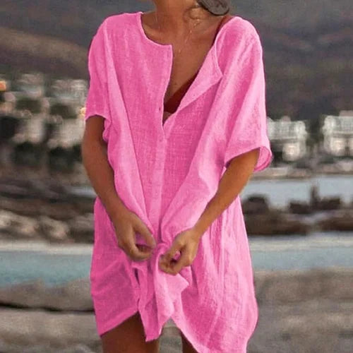 Women’s Tunic Top – Relaxed Fit – Natural Fibers – Short Sleeve – Tie Front Styling