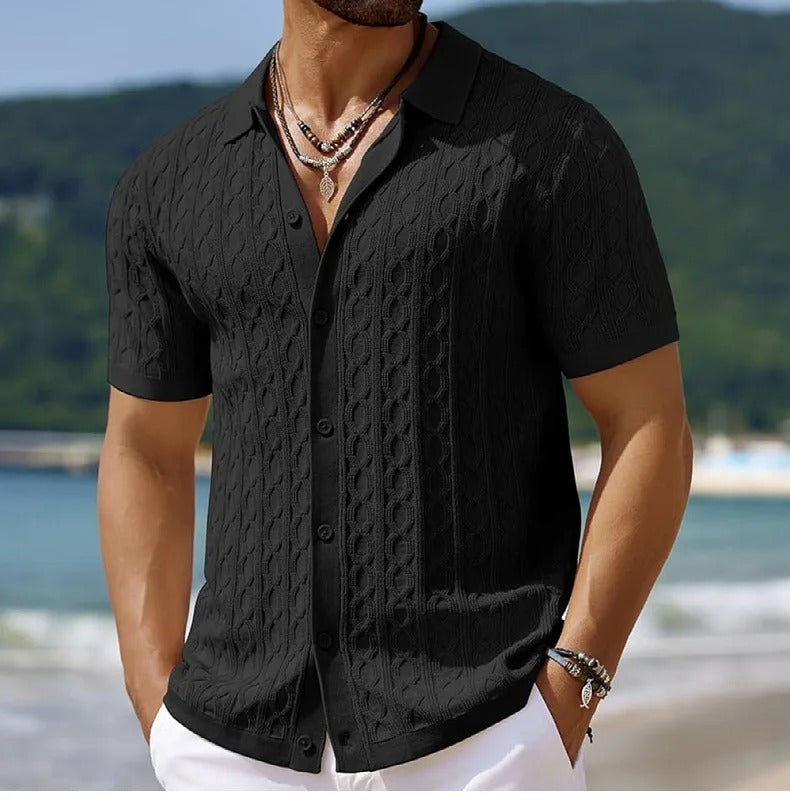 Men’s Polo Shirt – Slim Fit – Soft Knit – Short Sleeve – Button Front Retro Look