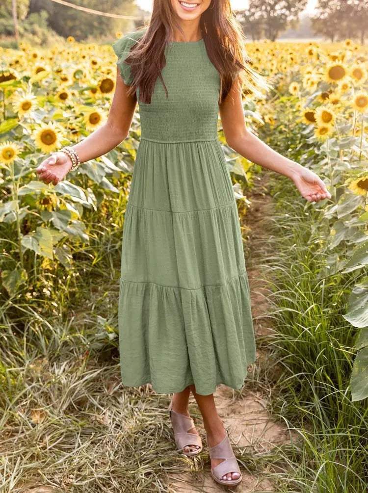 Women's Maxi Dress - Smocked Bodice - Cap Sleeves - Tiered Flowing Skirt - Lightweight Fit