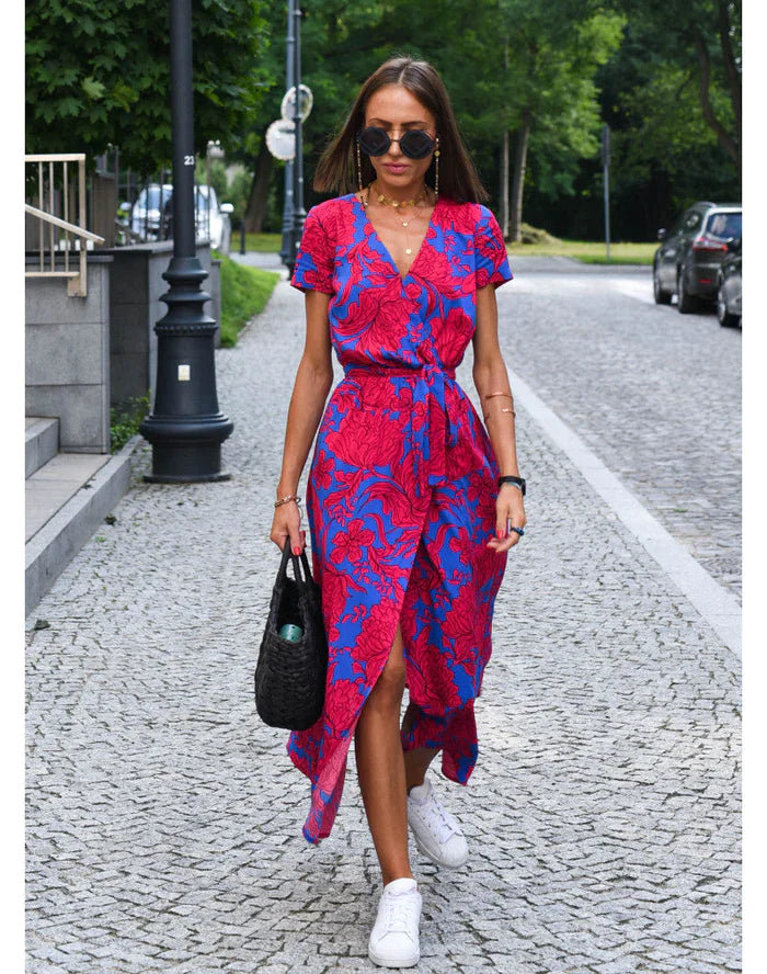Women’s Wrap Midi Dress – Polka Dot – V-Neck – Short Sleeve – Adjustable Waist