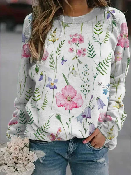 Women’s Sweater – Relaxed Fit – Lightweight Knit – Floral Print – Crew Neck – Long Sleeve