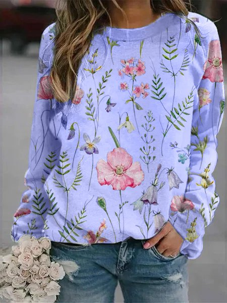 Women’s Sweater – Relaxed Fit – Lightweight Knit – Floral Print – Crew Neck – Long Sleeve