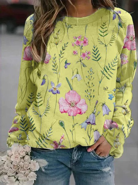 Women’s Sweater – Relaxed Fit – Lightweight Knit – Floral Print – Crew Neck – Long Sleeve