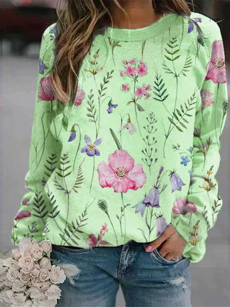 Women’s Sweater – Relaxed Fit – Lightweight Knit – Floral Print – Crew Neck – Long Sleeve