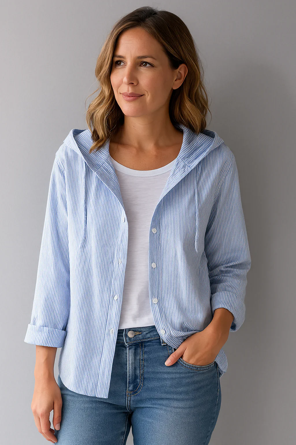 Women’s Blouse – Linnen – Relaxed Fit – Hooded – Button-Down – Long Sleeve