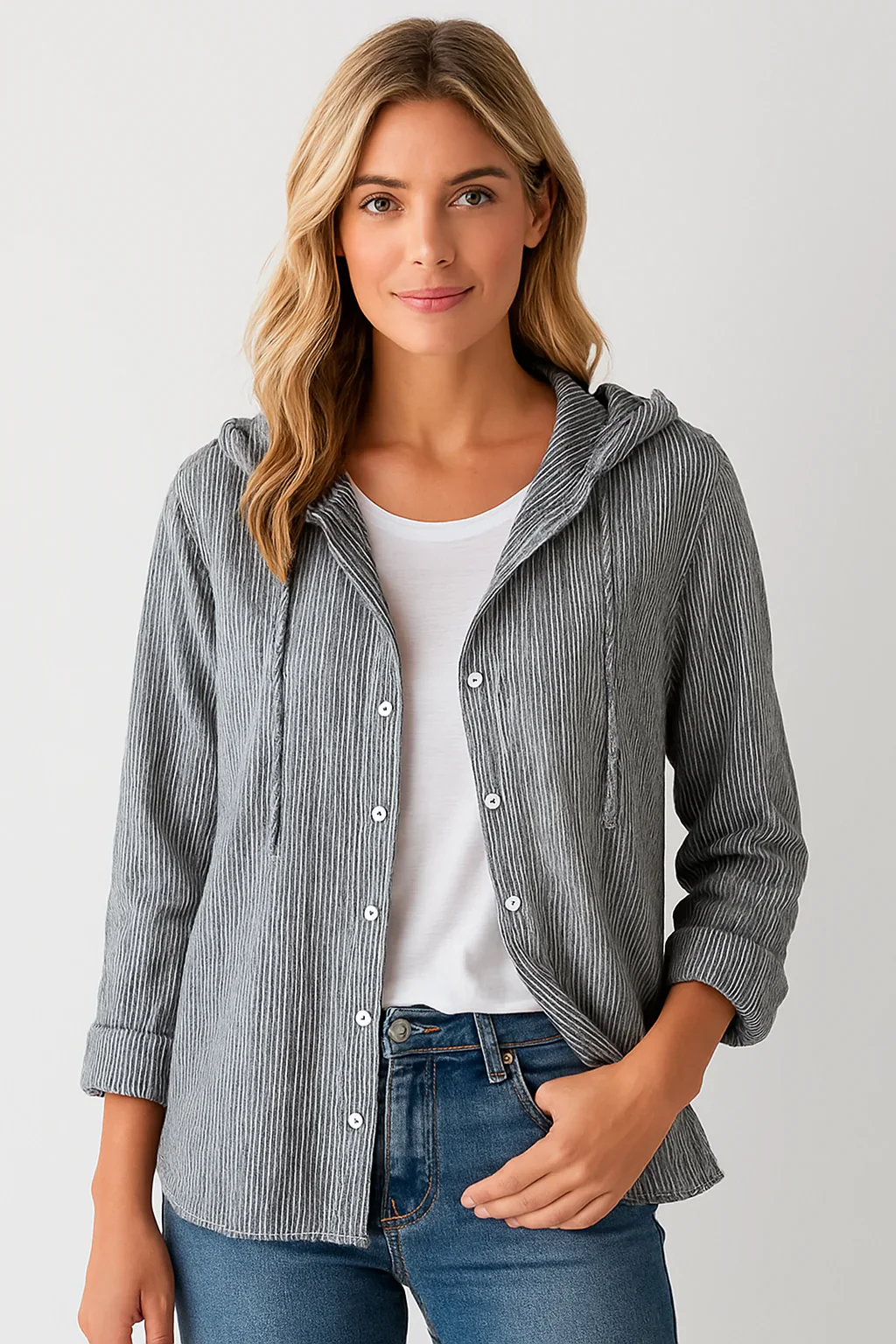 Women’s Blouse – Linnen – Relaxed Fit – Hooded – Button-Down – Long Sleeve