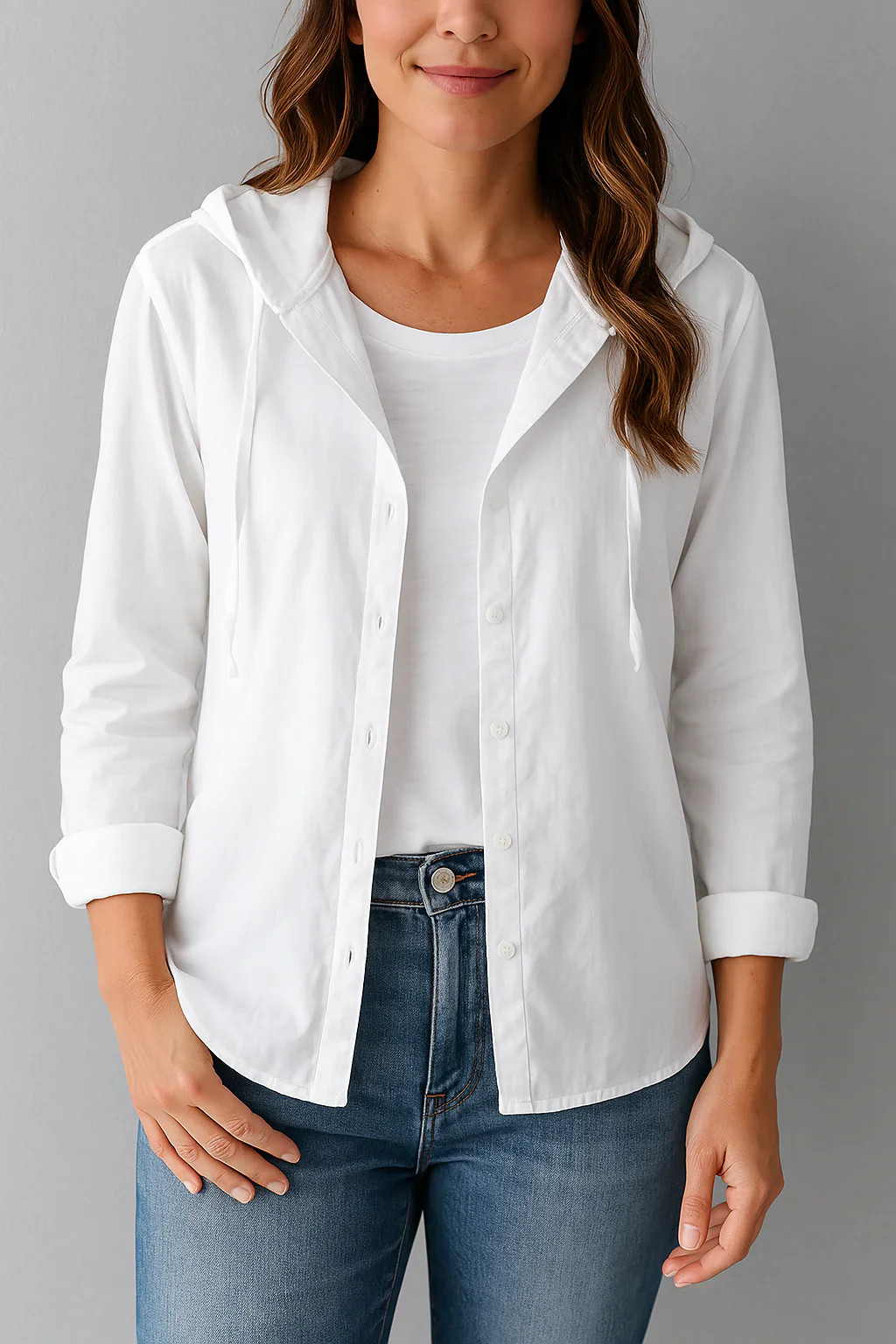 Women’s Blouse – Linnen – Relaxed Fit – Hooded – Button-Down – Long Sleeve