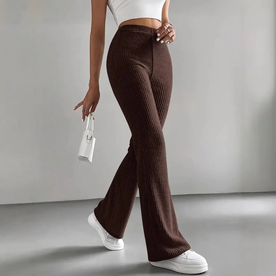 Women’s Lounge Pants – High Waist – Ribbed Knit – Flared Leg – Pull-On Fit – Full Length