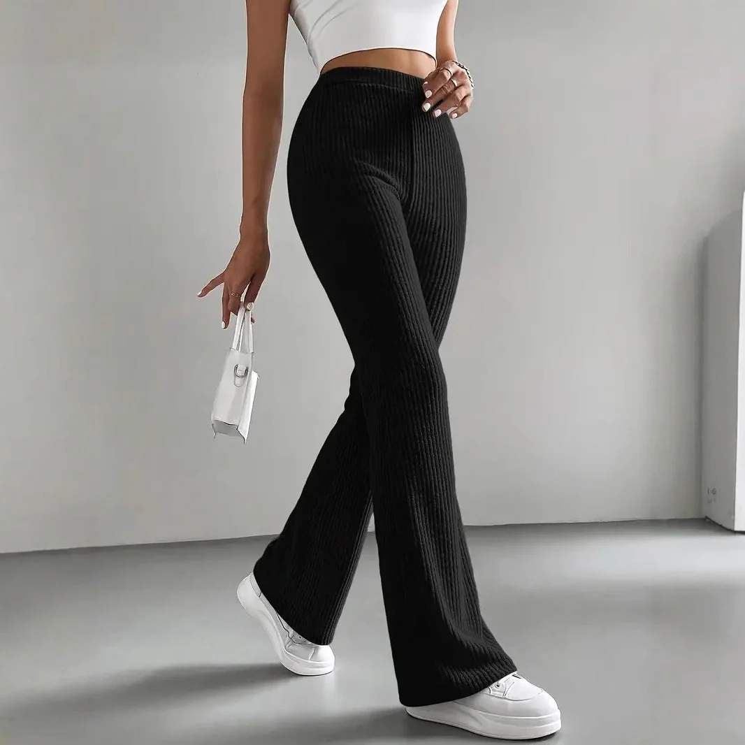 Women’s Lounge Pants – High Waist – Ribbed Knit – Flared Leg – Pull-On Fit – Full Length