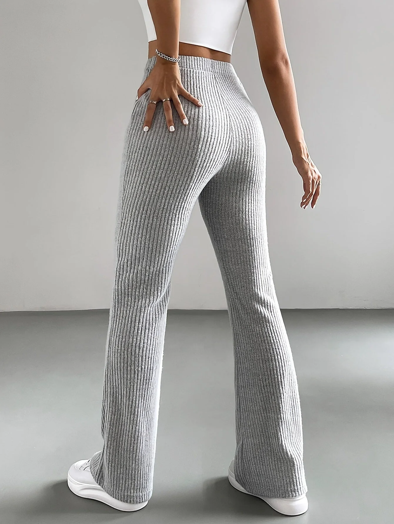 Women’s Lounge Pants – High Waist – Ribbed Knit – Flared Leg – Pull-On Fit – Full Length