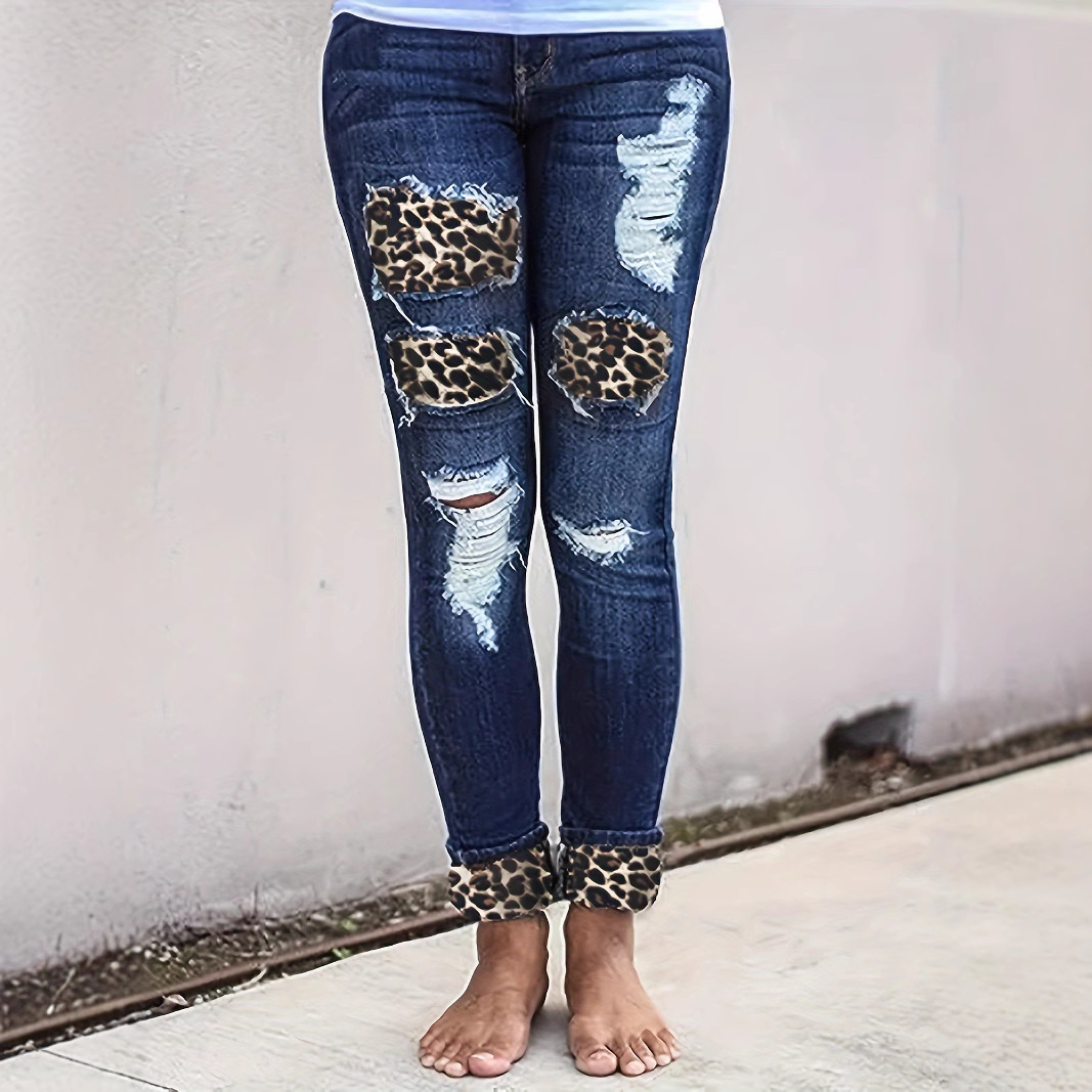 Women’s Skinny Jeans – Distressed Denim – Leopard Print Patches – Cuffed Hem