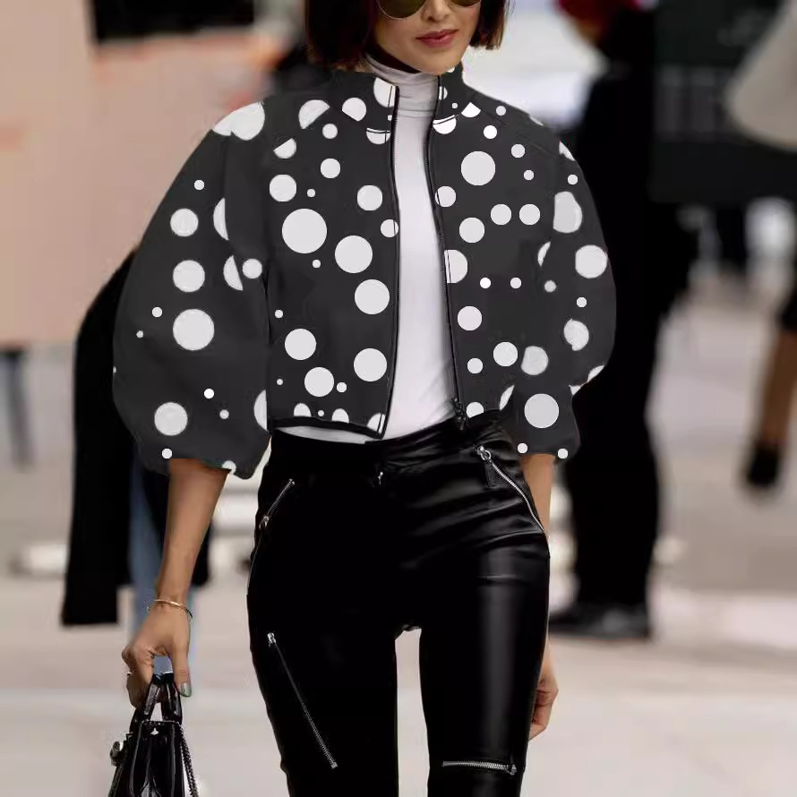 Women’s Cropped Coat – Relaxed Fit – Polka Dot – Puff Sleeves – High Collar – Zip Front