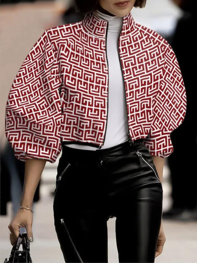 Women’s Cropped Coat – Relaxed Fit – Polka Dot – Puff Sleeves – High Collar – Zip Front