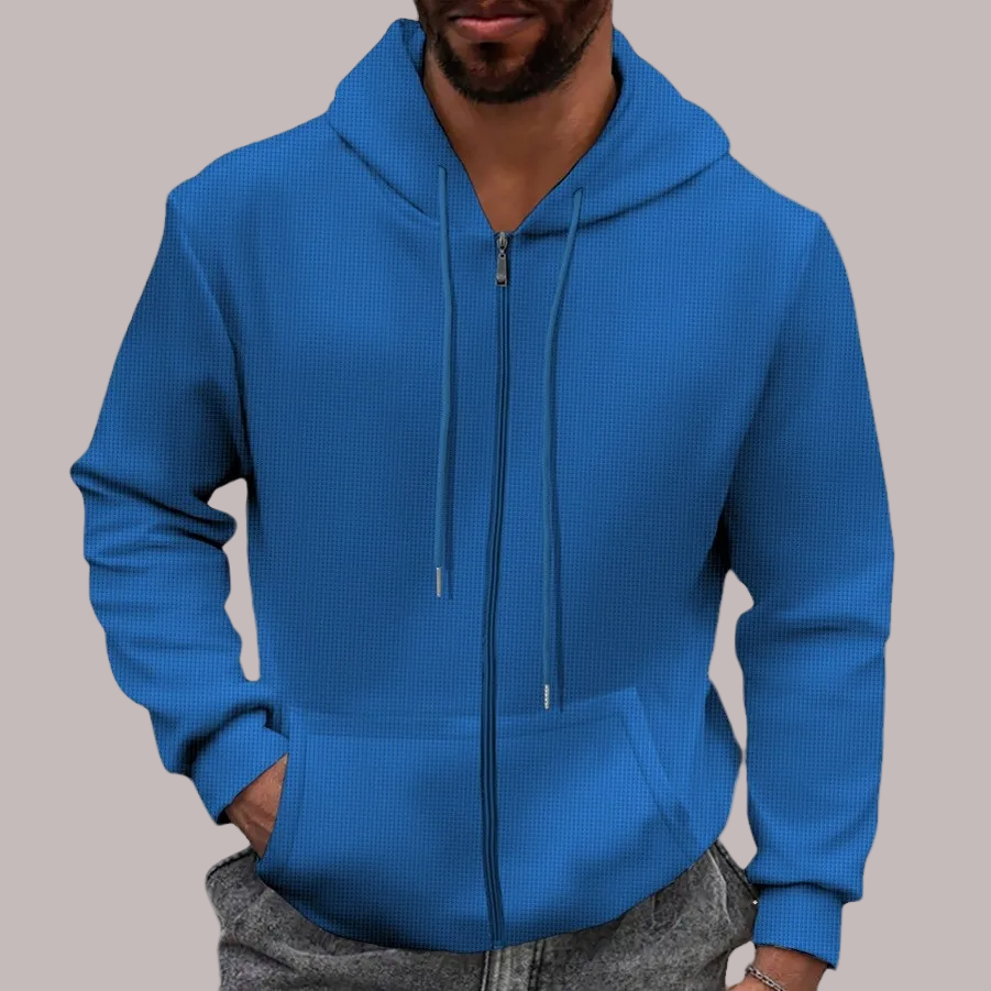 Men’s Full-Zip Hoodie – Waffle Knit – Relaxed Fit – Drawstring Hood – Kangaroo Pockets