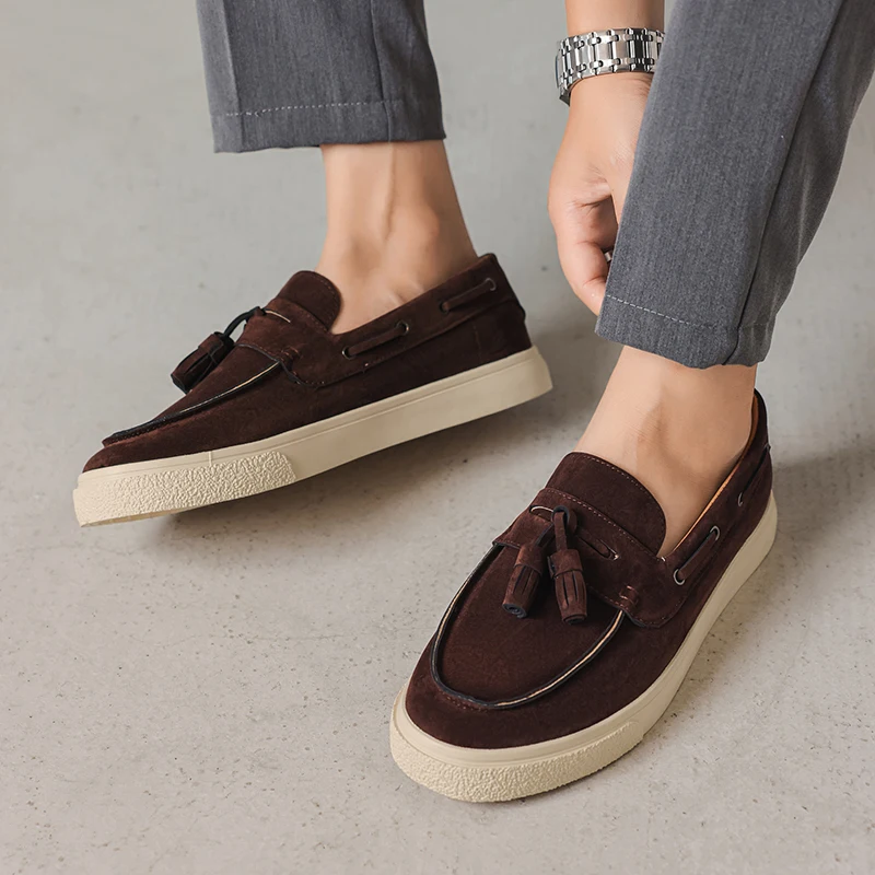Men’s Loafers Slip-On - Suede Leather - Tassel Detail - Moc-Toe Stitching