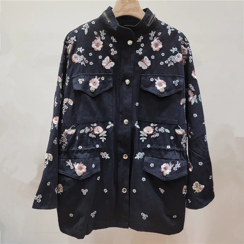 Women’s Trench Coat – Floral Embroidery – Stand Collar – Drawstring Waist – Relaxed Fit