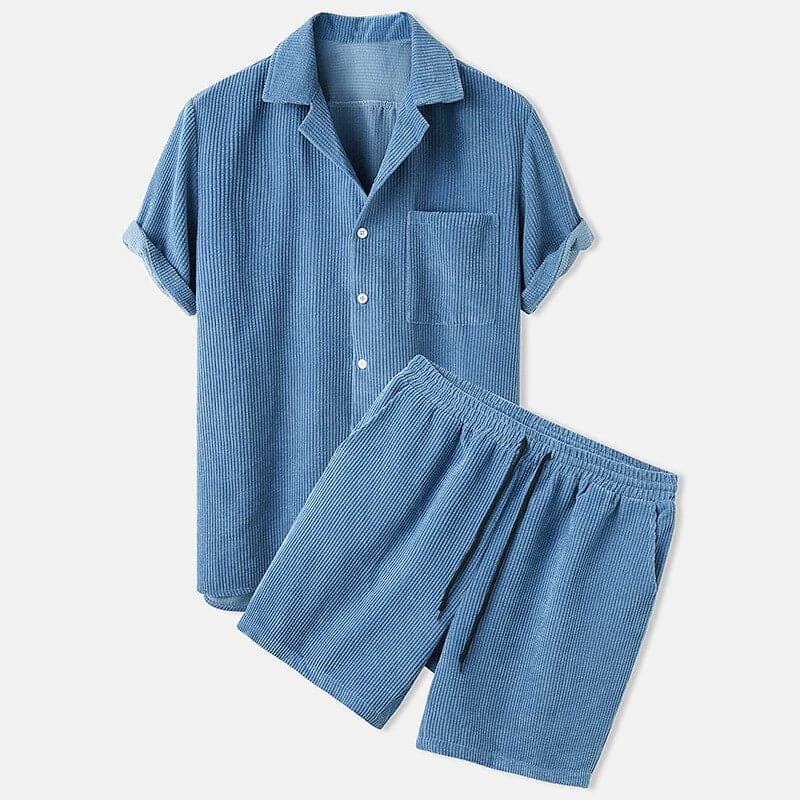 Men’s Shirt and Shorts Set – Relaxed Fit – Breathable Blend – Textured Casual Wear