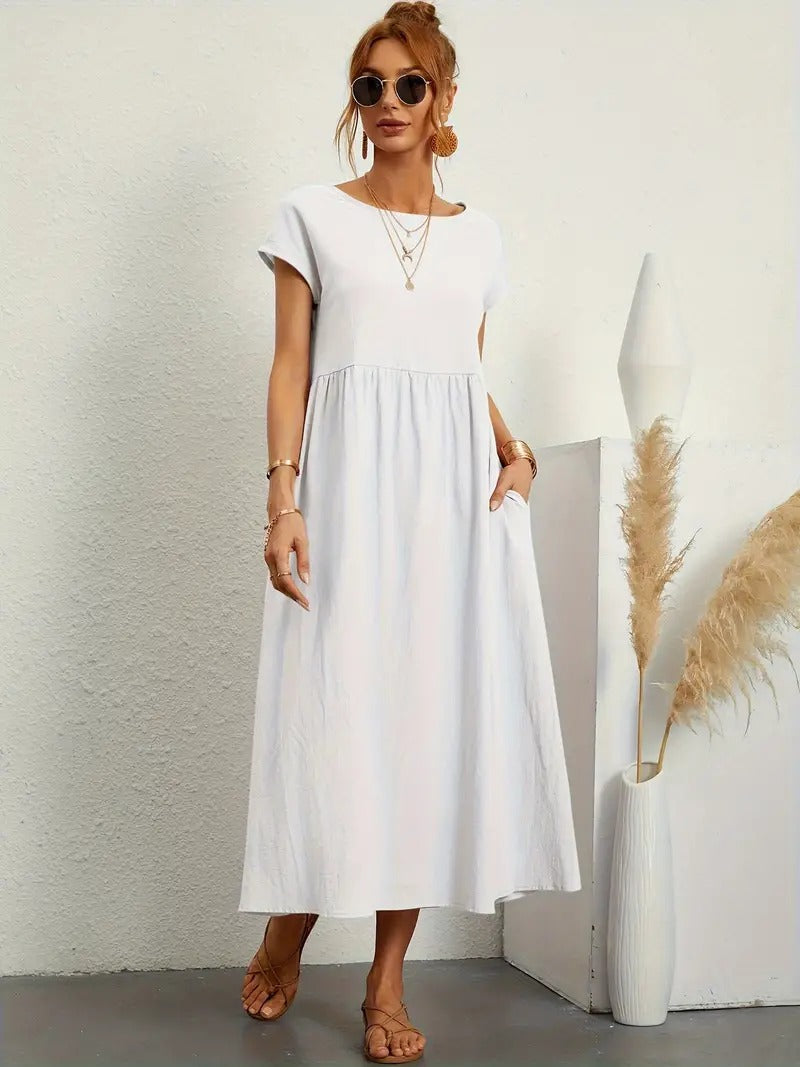 Women's Maxi Dress - Short Sleeve A-Line - Crew Neck Loose Fit - Flowy Casual Wear