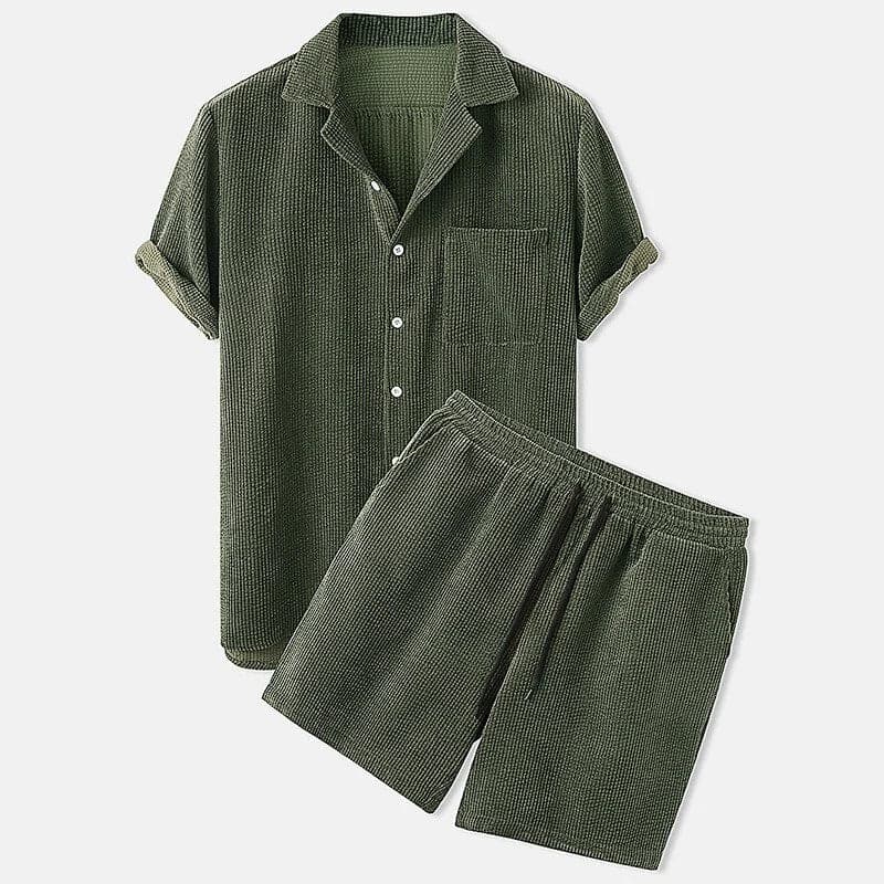 Men’s Shirt and Shorts Set – Relaxed Fit – Breathable Blend – Textured Casual Wear