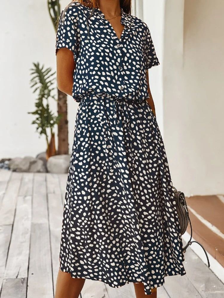Women’s Midi Dress – Relaxed Fit – Breathable Blend – Button Front – Waist Tie