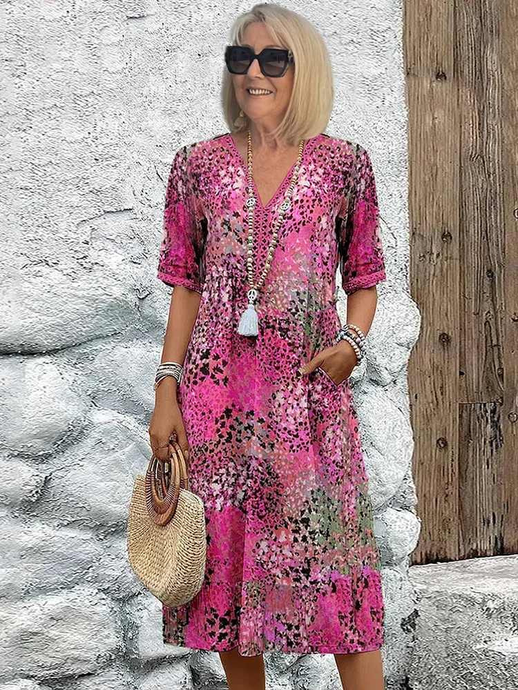 Women’s Midi Dress – V-Neck – Relaxed Fit – Elbow Sleeve – Breathable Blend – Pockets