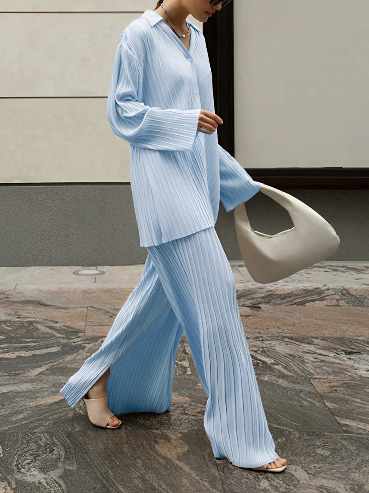 Women’s Tunic-Length Shirt - Knit - V-Neck - Button Front - Wide-Leg Pants Set - Knit