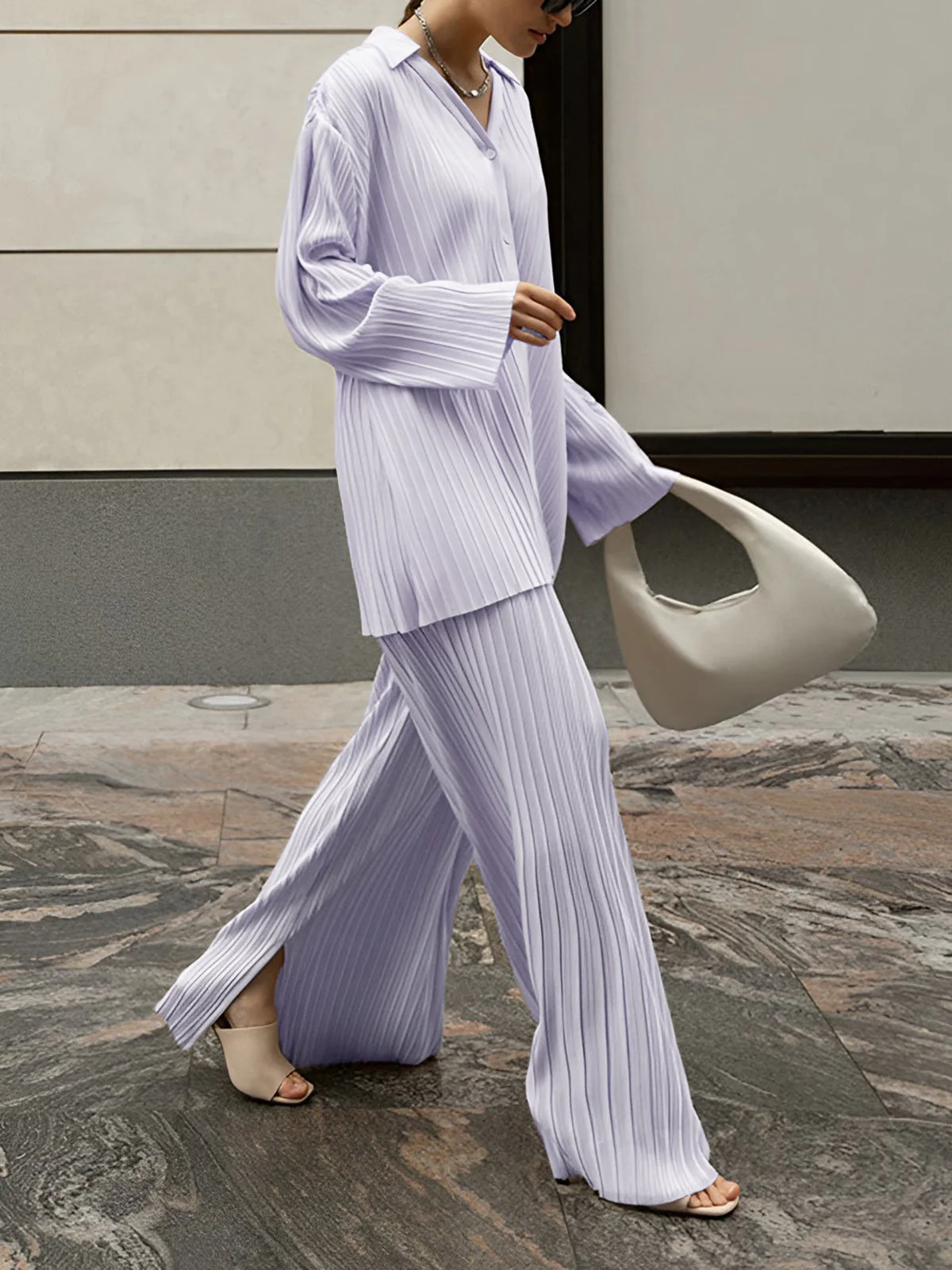 Women’s Tunic-Length Shirt - Knit - V-Neck - Button Front - Wide-Leg Pants Set - Knit