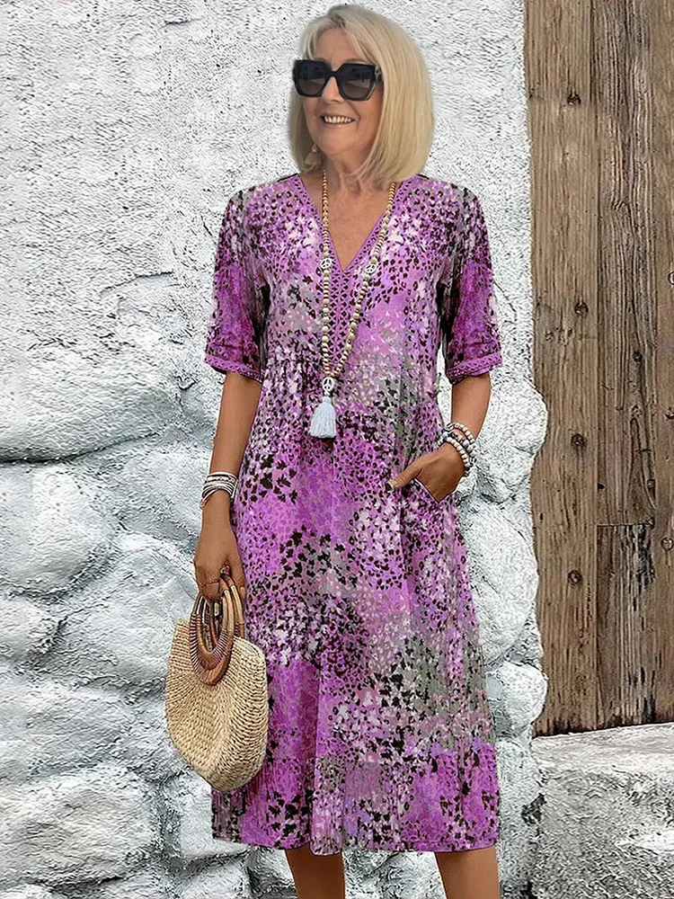 Women’s Midi Dress – V-Neck – Relaxed Fit – Elbow Sleeve – Breathable Blend – Pockets