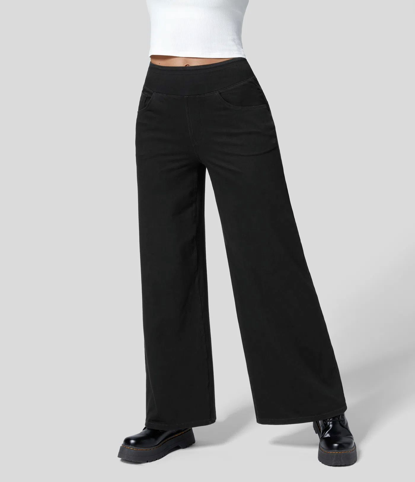 Women’s Wide Leg Pants – High Rise – Slim Waist – Full Length – Denim Look