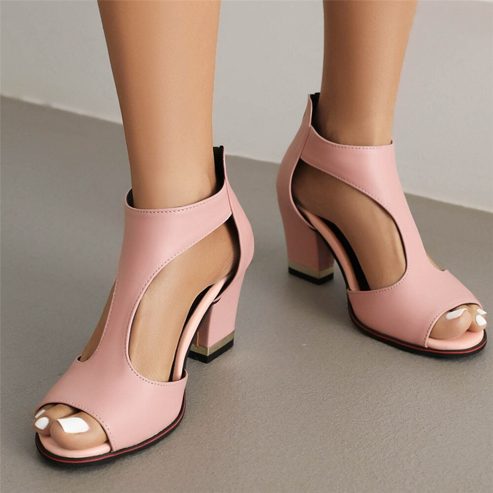 Women’s Heeled Sandals – Block Heel – Open Toe – Cut-Out Sides – Ankle Strap