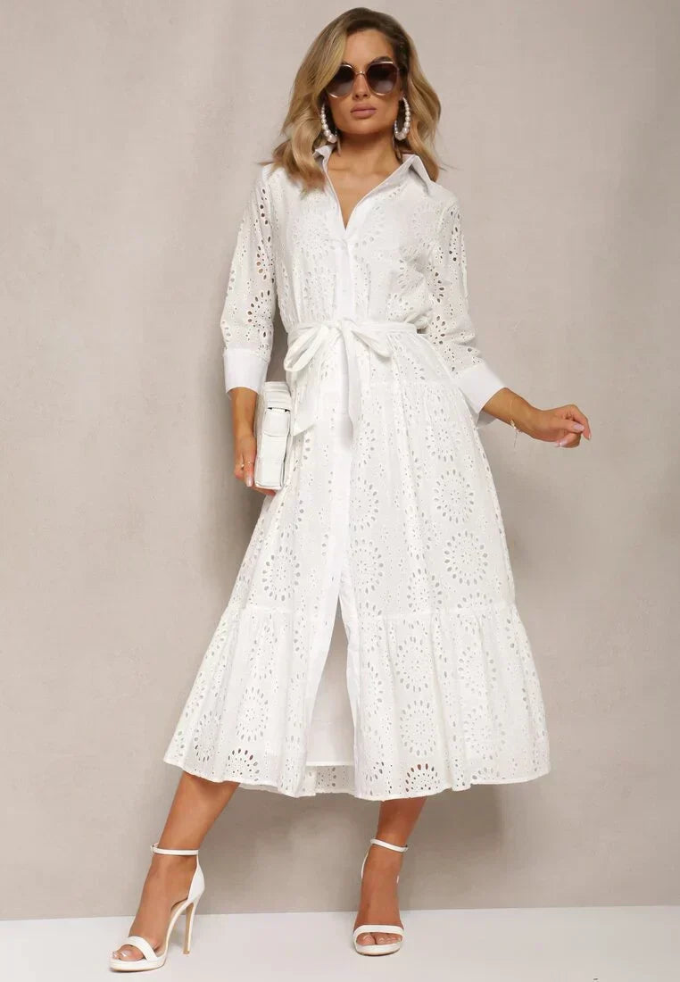 Women’s Midi Dress – Broderie Anglaise – Relaxed Fit – Belted Waist – Button Front – Collared