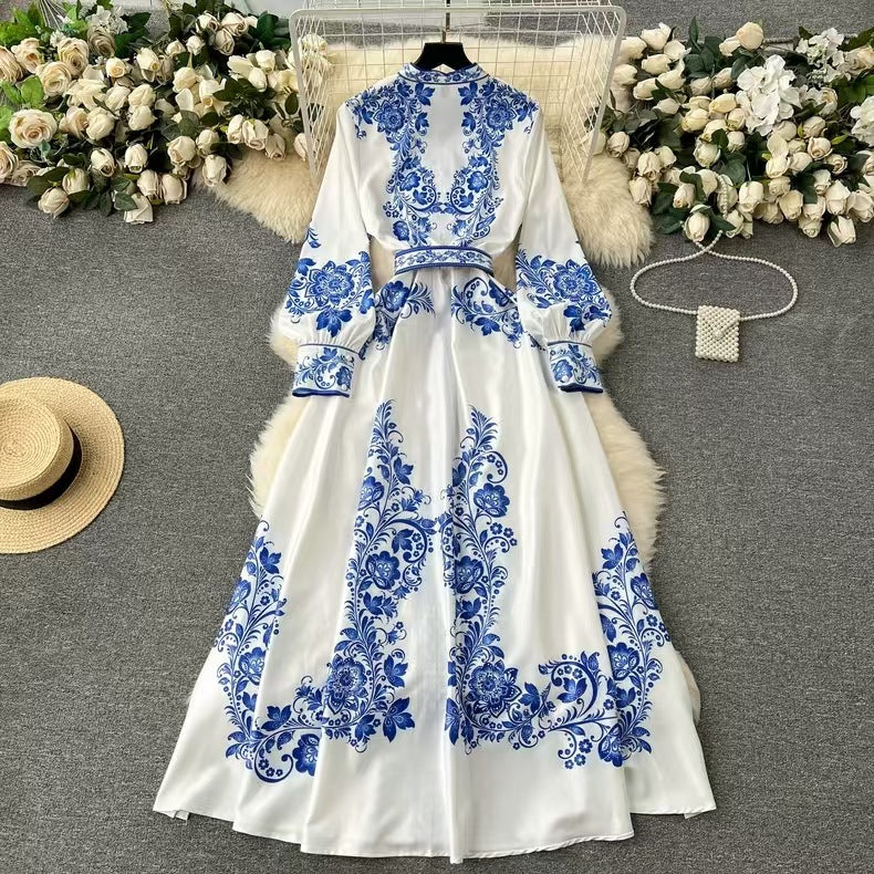 Women's Long Dress - High Collar - Belted Waist - Floral Pattern - Long Sleeves