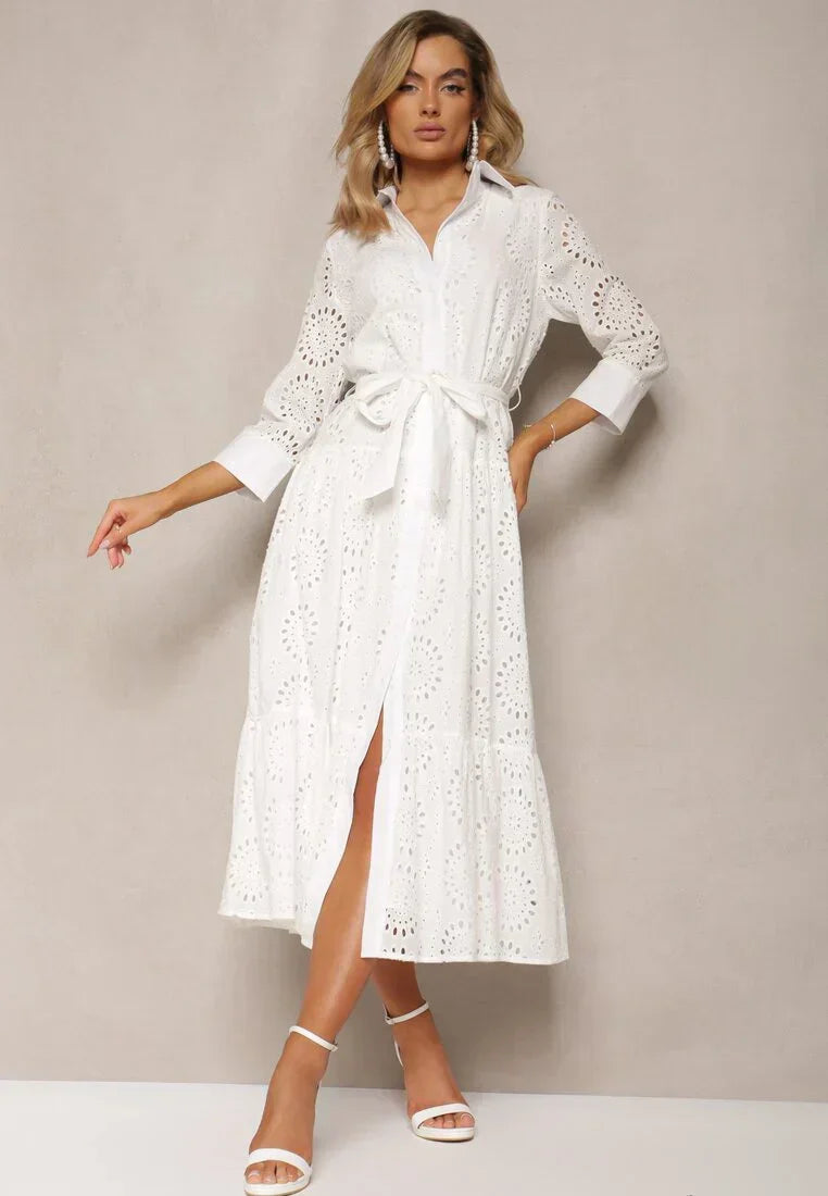 Women’s Midi Dress – Broderie Anglaise – Relaxed Fit – Belted Waist – Button Front – Collared