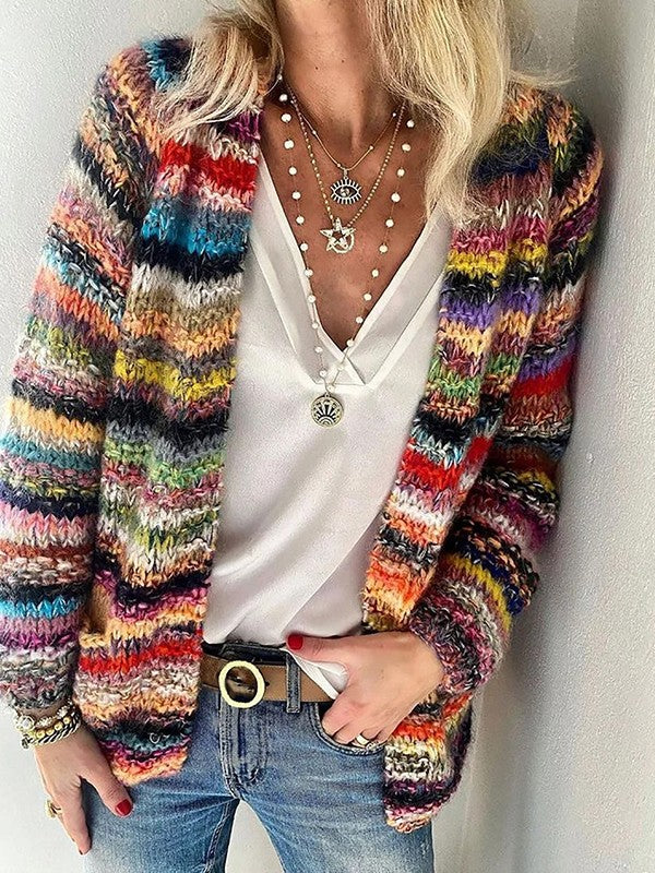 Women’s Knit Cardigan – Relaxed Fit – Soft Chunky Knit – Open Front – Striped Layer