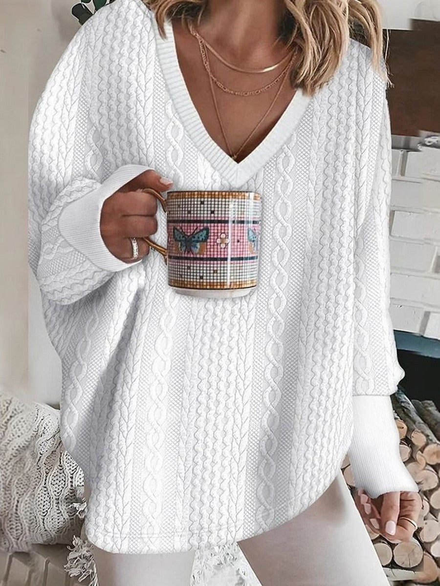 Women’s Knit Sweater – Oversized Fit – V-Neck – Cable Knit – Soft Wool Texture